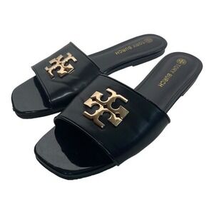 Tory Burch Slides Womens Black Tory Burch Logo Flat Sole Gold Hardware Leather